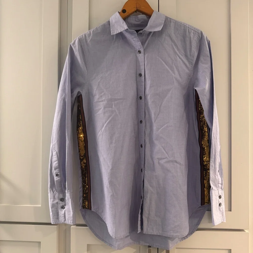 J.Crew Womens Blue Cotton Button Down Shirt Gold Sequin Side Stripe Size 10